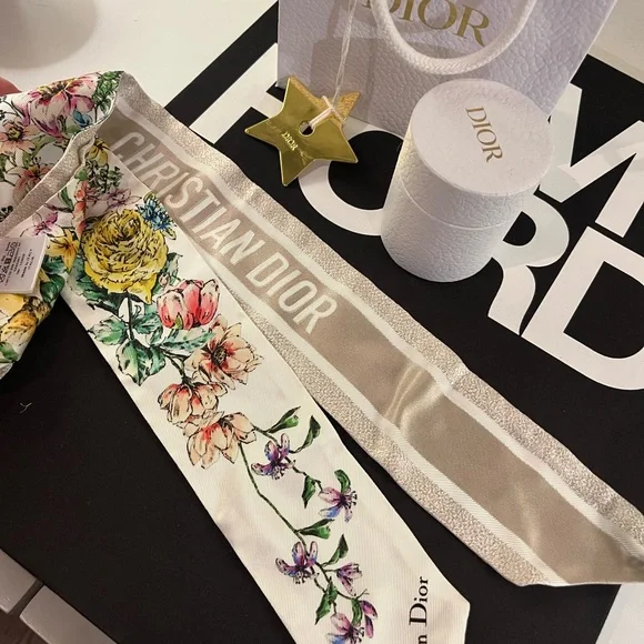 Dior Beige and Floral Silk twilly Scarf NWT - Picture 1 of 5